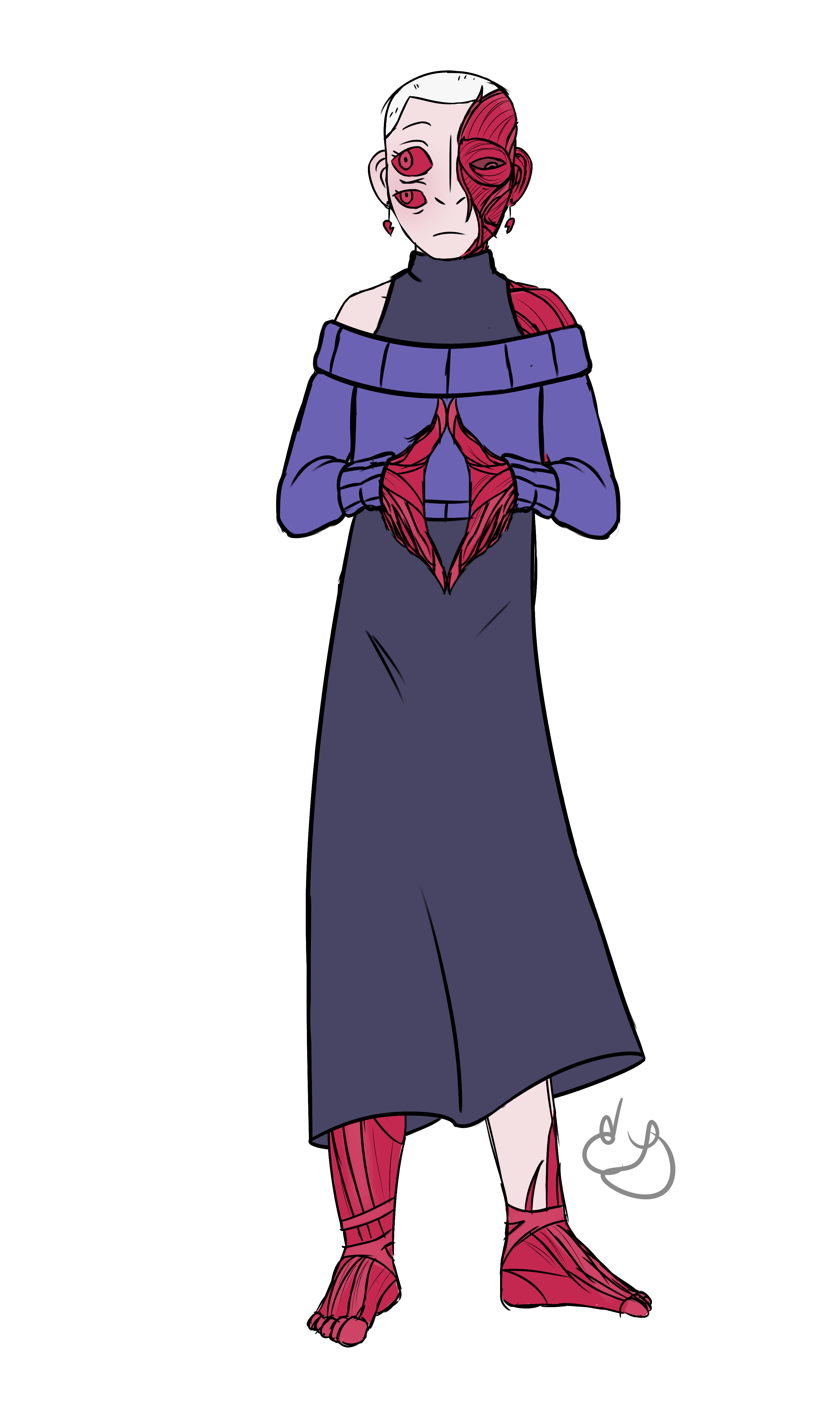 Colored sketch of Sybil. An exetremely pale woman with shaved white hair and red eyes (both in sclera and iris). Her arms, hands, legs, and feet appear veiny and red with exposed muscle tissue. She also has patches of this tissue scattered across her body and taking up most of her face. She has two eyes on the right side of face, and one on the left. The latter has strabismus and is stuck staring off towards the bottom left.